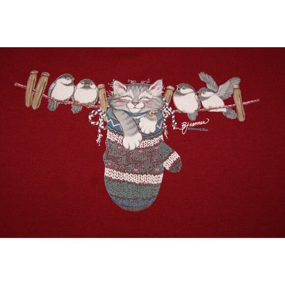 Vintage 90s Morning Sun Birds Kitten In Mitten Sweatshirt Womens Large Dark Red - Picture 2 of 8
